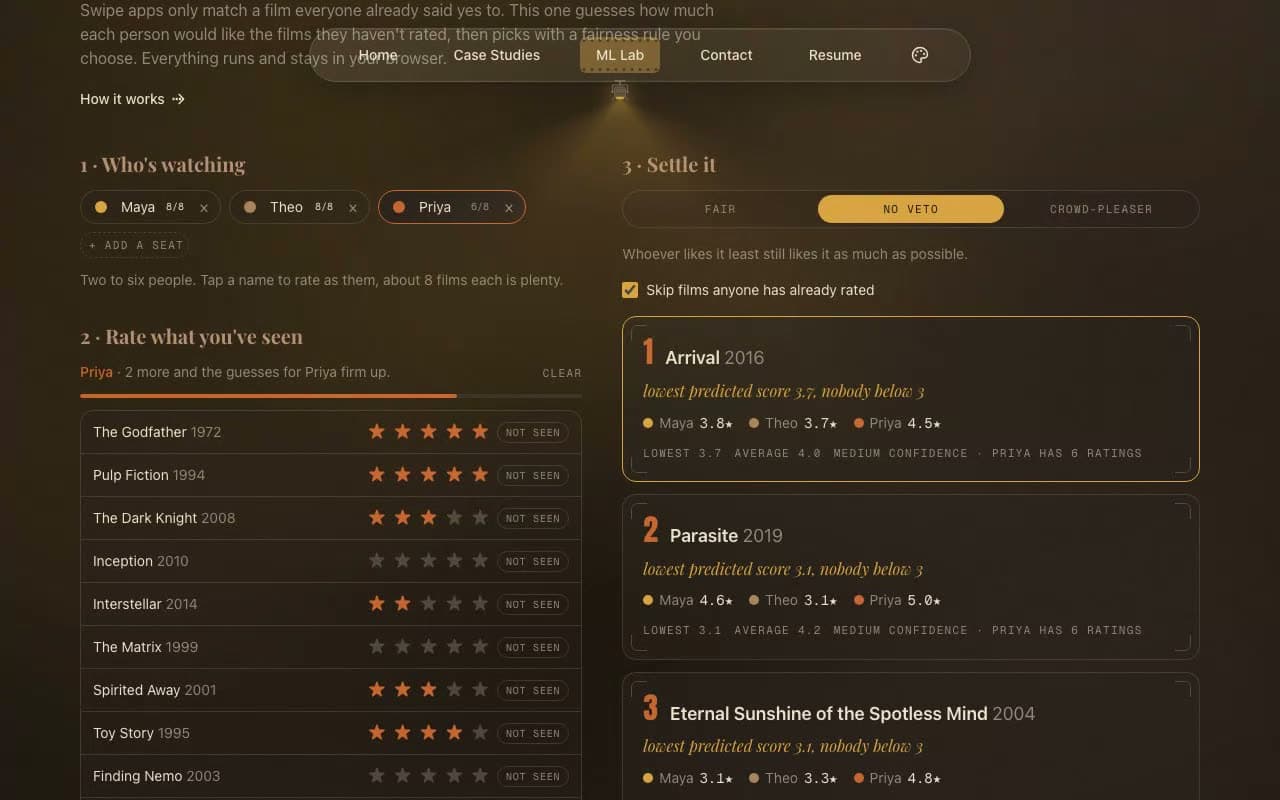 Movie Night Arbiter demo running in the browser